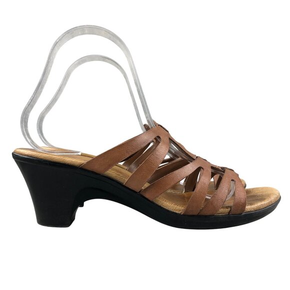 Clarks Women's Size 8M Brown Leather Strappy Open Toe Heeled Slip On Sandals - Picture 1 of 14